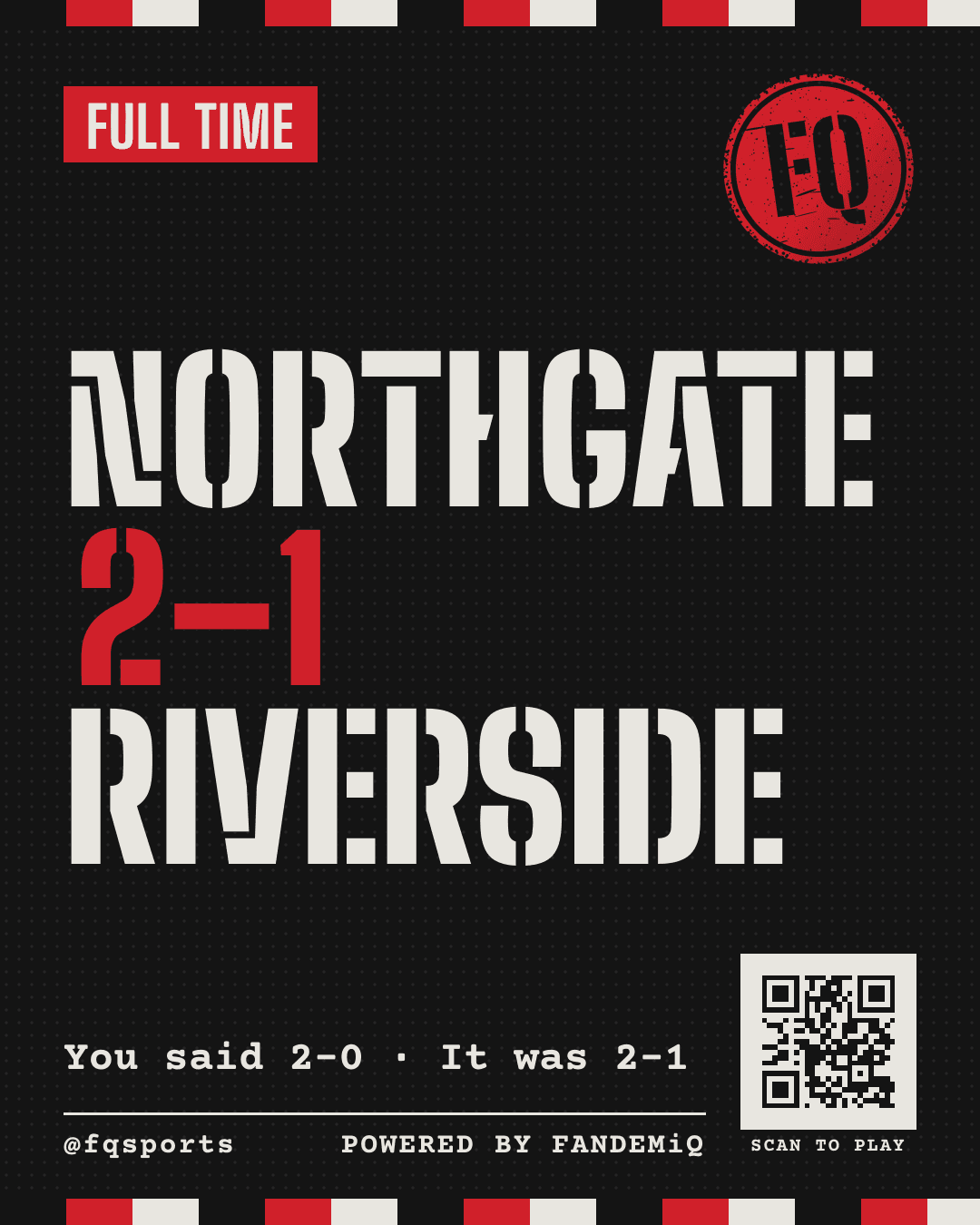 A post card after the game: Northgate 2–1 Riverside, with what the fans said against what happened.